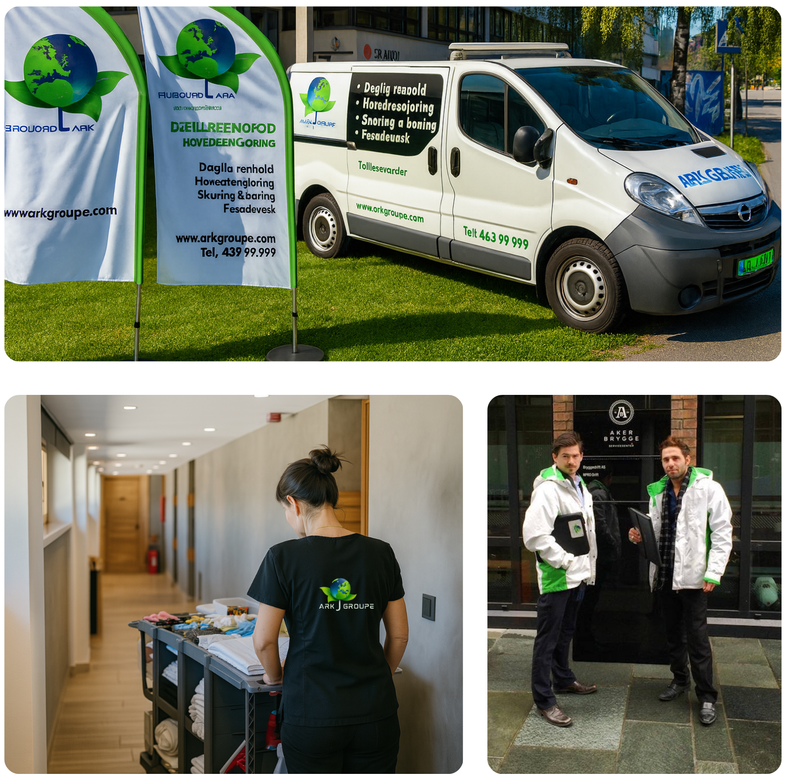 Team fra Ark J Groupe AS i arbeid med renhold og logistikk